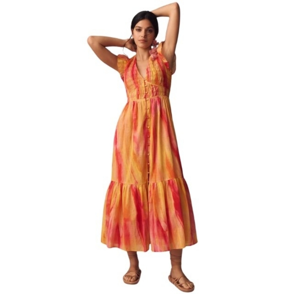 Anthropologie Peregrine Midi Dress Pink And Orange